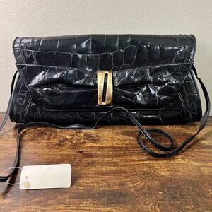 Vintage 80s Sharif Shoulder Bag Crossbody Black Gold Crocodile Leather Stitched